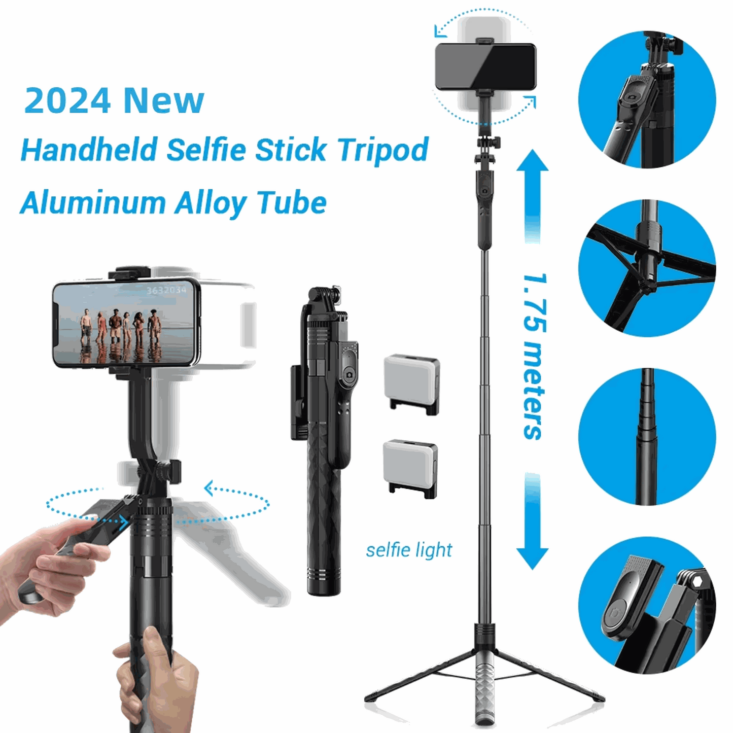 1750mm Wireless Extendable Selfie Stick Tripod with LED Light